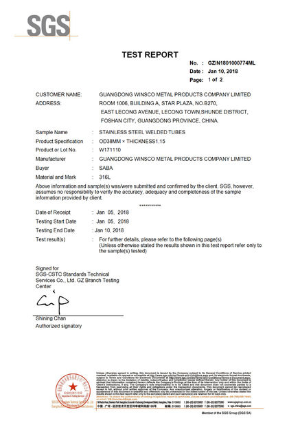 Κίνα (GuangDong)Foshan Winsco Metal Products Co., Ltd. Πιστοποιήσεις