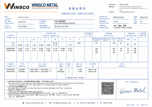 Κίνα (GuangDong)Foshan Winsco Metal Products Co., Ltd. Πιστοποιήσεις