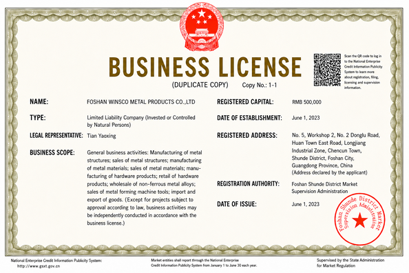 Κίνα (GuangDong)Foshan Winsco Metal Products Co., Ltd. Πιστοποιήσεις
